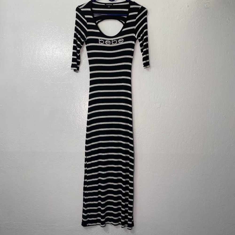 Bebe Black and White Striped Maxi Dress